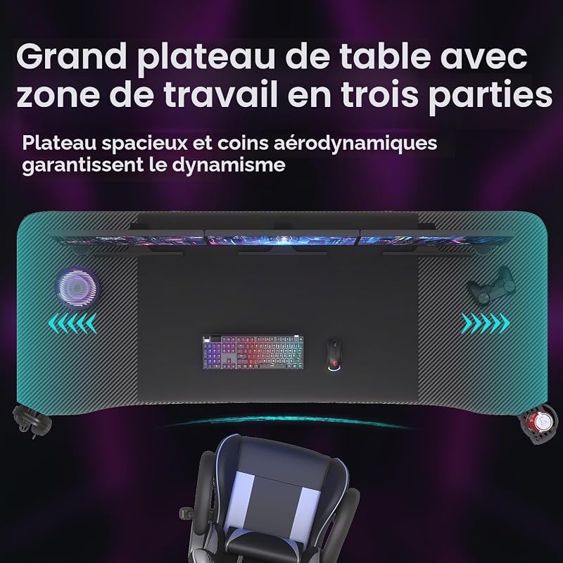 Bureau Gaming 180x60cm, Porte-Gobelet & Casque, Ergonomique, Noir — photo 5 sur 7