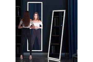 BEWITU 63"x20" Full Length Mirror with LED Lights, Free Standing Lighted Floor Mirror, Wall Mounted Full Body Hanging Mirror with Lights for Bedroom with Dimming Lights & 3 Color Modes (Black)
