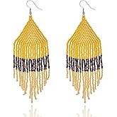 Native Beaded Tassel Earrings Boho - Handmade Seed Bead Statement Fringe Drop Earrings for Women Dangling