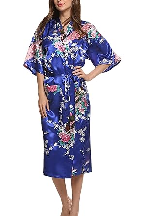 Dolamen Damen Morgenmantel Kimono, glatte Satin Nachtwäsche Bademantel Robe mit Peacock und Blume Kimono Negligee Seidenrobe 