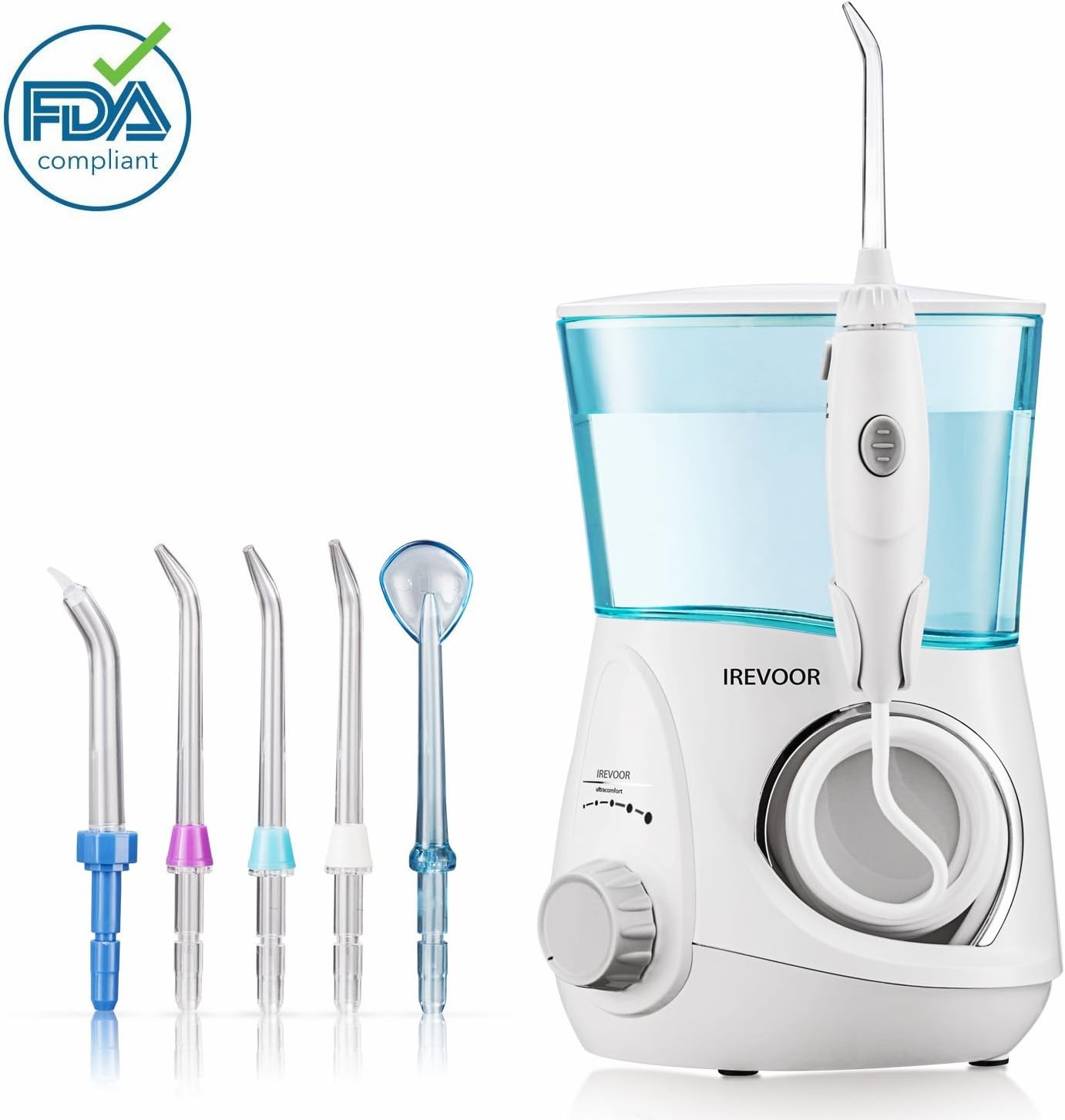 Aquarius Water Flosser IREVOOR Professional Dental Water Flosser Energy Saved 12 watt 110-240V Stepless Speed Change Oral Irrigator with 4 Jet Tips 1 Tongue Scraper for Family