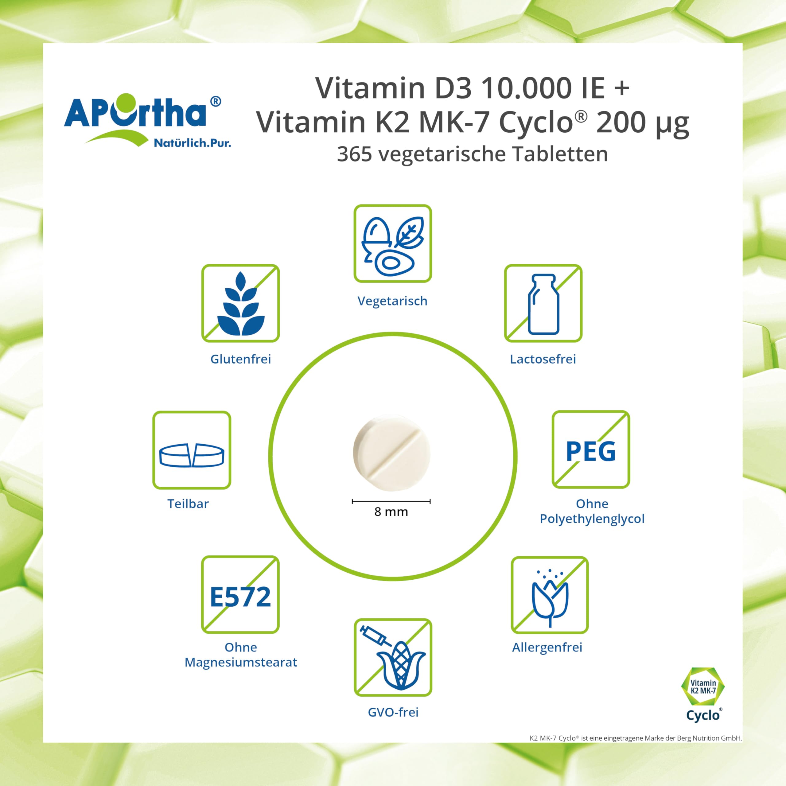 APOrtha® Vitamin D3 10.000 I.E + 200 µg K2 99+% ALL-Trans, 365 vegetarische Tabletten hochdosiert u. teilbar, Premium Vitamin D und K Tablette leicht zu schlucken - Alternative zu Tropfen und Kapseln 3