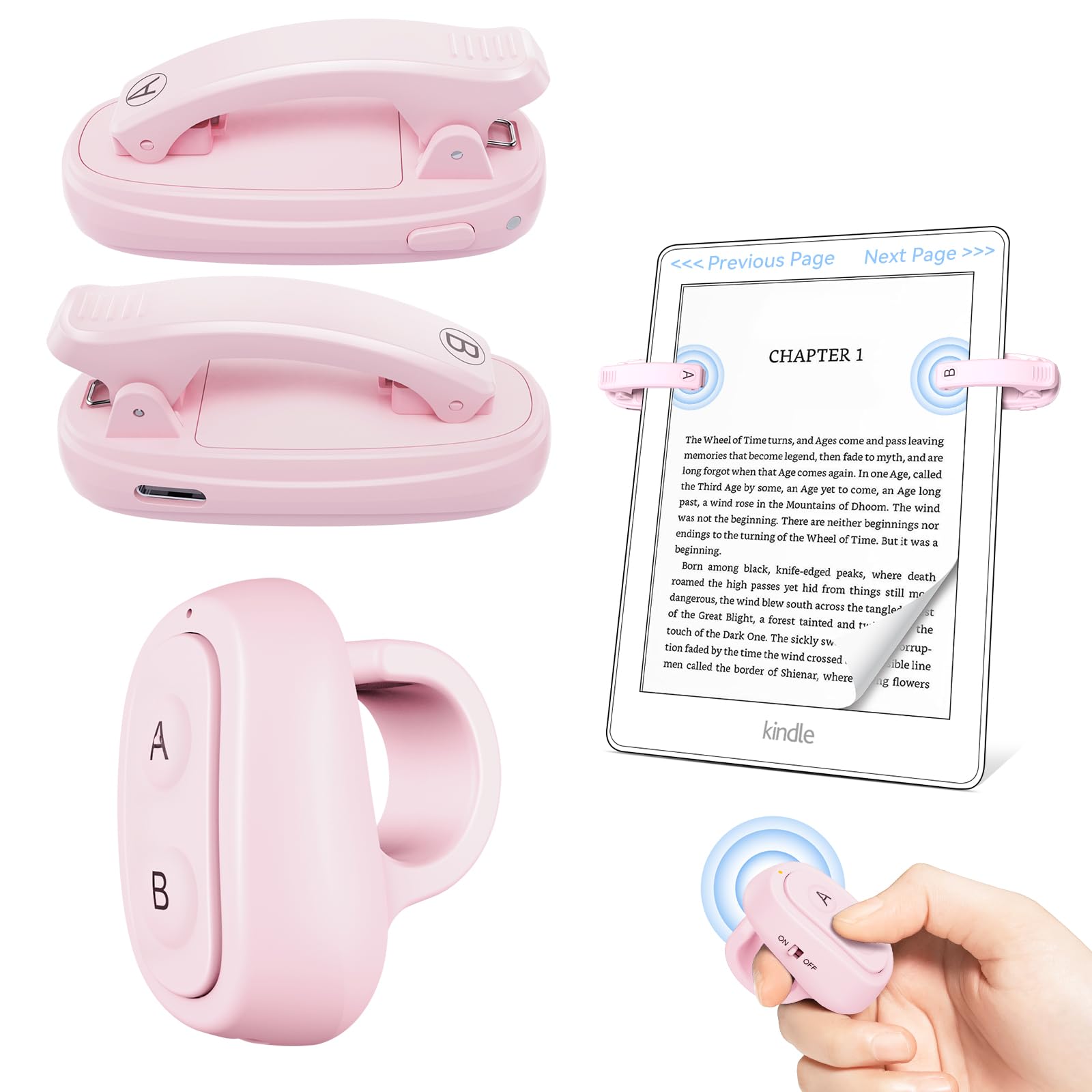 Photo 1 of [2 Clips] Finger Ring Kindle Page Turner Remote Control for Paperwhite: Rechargeable Wireless Clicker for Reading on Bed for iPhone Android iPad, Camera Shutter & Video Record Accessories (Pink)
