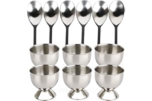 Stainless Steel Egg Cups Set for Hard Soft Boiled Eggs with 6 Egg Cup Holders 6 Egg Spoons