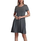 Women Casual Crewneck Short Sleeve Pockets Swing T-Shirt Dress
