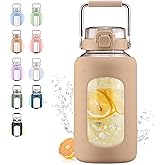 WINSA 84oz Glass Water Bottle with Stainless Steel Handle,2.4L Gallon Water Bottle with 2-IN-1 Straw Lid, Silicone Sleeve and Motivational Capacity Marker, Wide Mouth Water Jug For Gym, Workout, Amber