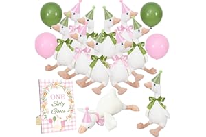 JarThenaAMCS 10 Sets One Silly Goose Party Favors Soft Goose Stuffed Animal Wood Table Sign Mini Birthday Hat Balloon Ribbon 