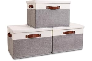 HOdo Home Fabric Storage Bin with Lid and 2 Bold Handles, Collapsible Large Canvas Storage Baskets for Organizing Shelf Nursery Home Closet (White&Grey, 15L×11W×10H - 3Pack)