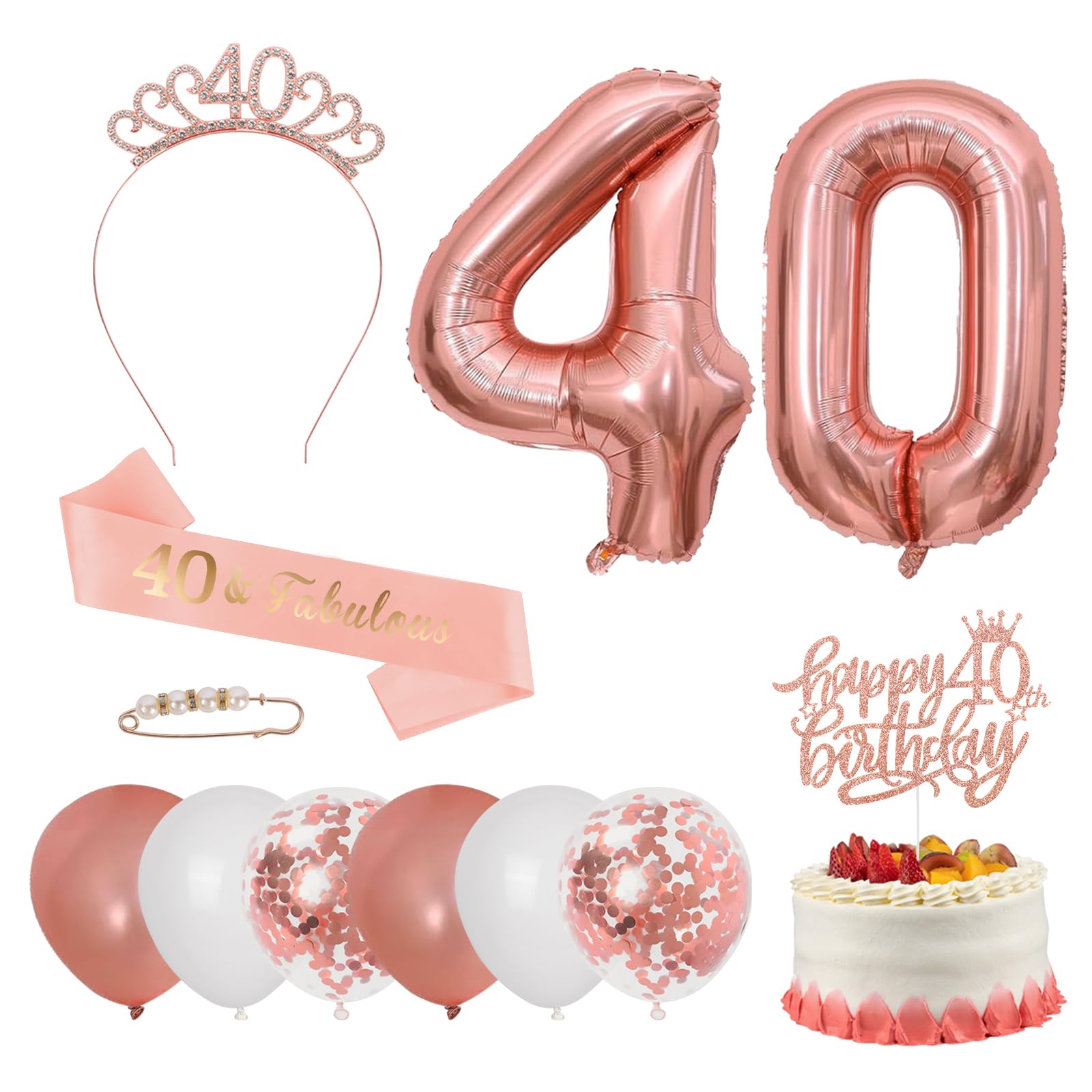 Iridsmole Rose Gold 40th Birthday Decorations Set, Tiara, Sash, Cake Topper, Balloons