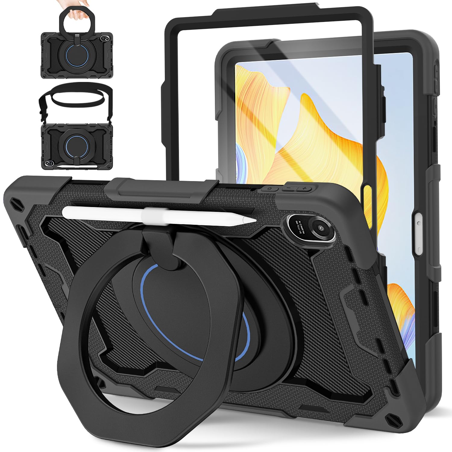 ROISKIN for Honor Pad 8 12 Inch Case 2022 for Kids,Heavy Duty Shockproof Cover with Screen Protector & Rotating Stand & Shoulder Strap & Pencil Holder,Black