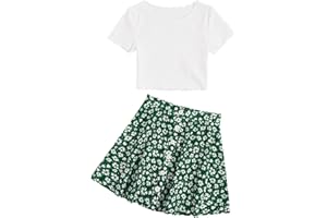 SHENHE Girl's Floral Skirt Outfits Two Piece Short Sleeve Crop Top T Shirt and Skirt Set