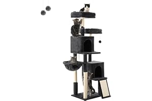 FourFurPets Cat Tree for Indoor Cats, 61.4in Cat Tower, Cat Condo, Two Cat Perch, Two Cat Caves, Soft Cat Basket, Sisal Scratching Stairs, Toys, Smoky Gray