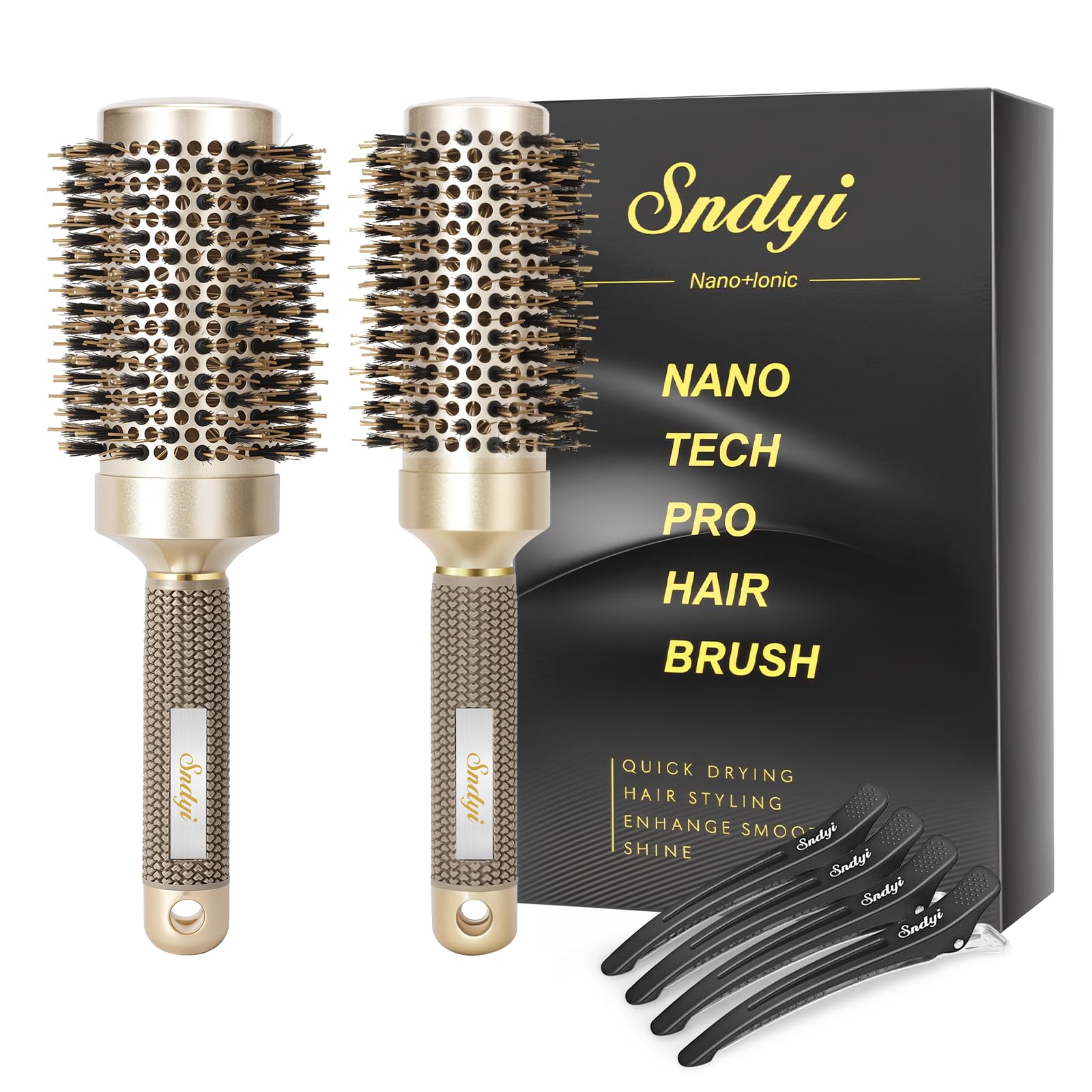 Photo 1 of Sndyi Nano Thermal Ceramic & Ionic Tech Round Hair Brush with Boar Bristles, Professional Barrel Brush for Styling, Curling and Straightening, 2 Pack