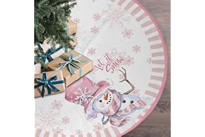 BULINGLY Let It Snow Snowman Christmas Tree Skirt 48 Inches, Pink Snowflake Tree Skirt, Winter Xmas Tree Mat for Home Party Holiday Indoor Outdoor Decorations (Pink, 48in)