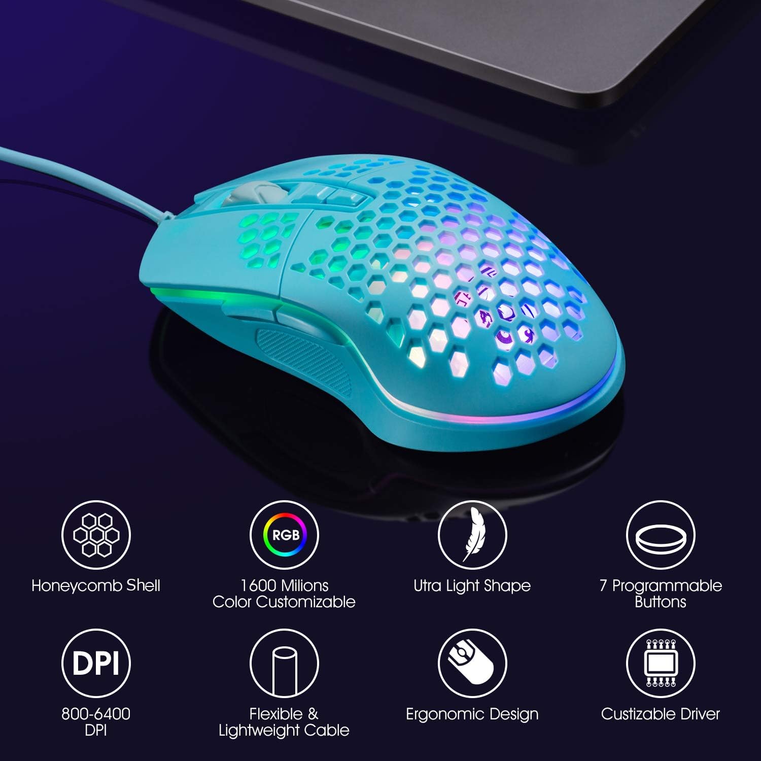 Lightweight Gaming Mouse, Wired USB PC Gaming Mice with Ultralight Honeycomb Shell, RGB Chroma LED Light, 6400 DPI Adjustable, Pixart 3325, Programmable 7 Buttons Mouse for Windows 7/8/10/XP: Computers & Accessories