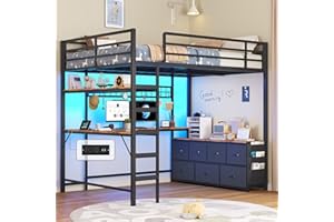 DICTAC Full Loft Bed with U-Shaped Desk,7 Storage Drawers and Charging Station,Metal Full Size Loft Bed with Led Lights and 2-Tier Storage Shelves,loft full Bed with Safety Guardrail and Ladders,Black