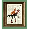 Cavedog the Corgi Rides a Velociraptor Dinosaur Dog Original Art Vintage Dictionary Page Book Art Print