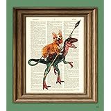 Cavedog the Corgi Rides a Velociraptor Dinosaur Dog Original Art Vintage Dictionary Page Book Art Print
