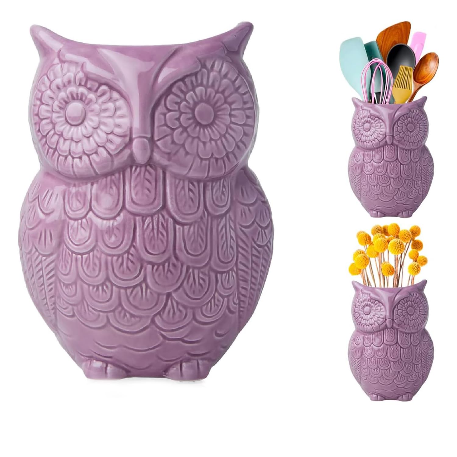 Owl Utensil Holder by Comfify - Decorative Ceramic Cookware Crock & Organizer, in Lovely Purple Color - Utensil Caddy and Perfect Kitchen Ceramic Décor Gift - 12.7 x 17.8 x 10.2 cm Size