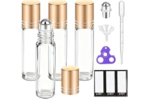 PrettyCare 4 Pack, 10 ml Essential Oil Roller Bottles with Stainless Steel Roller Ball - Refillable Leak-proof Empty Thick Clear Glass Roll on Bottles with Metal Caps for Travel, Perfume