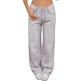 Wanduyini Rhinestone Straight Leg Jeans for Women Teen Girls Bling Loose Fit Denim Pants for Party Music Festival