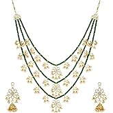 Aheli Ethnic Layered Faux Pearl Kundan Necklace Earring Set Indian Traditional Rani Har Wedding Bollywood Bharatanatyam jewellery set Gift for Women