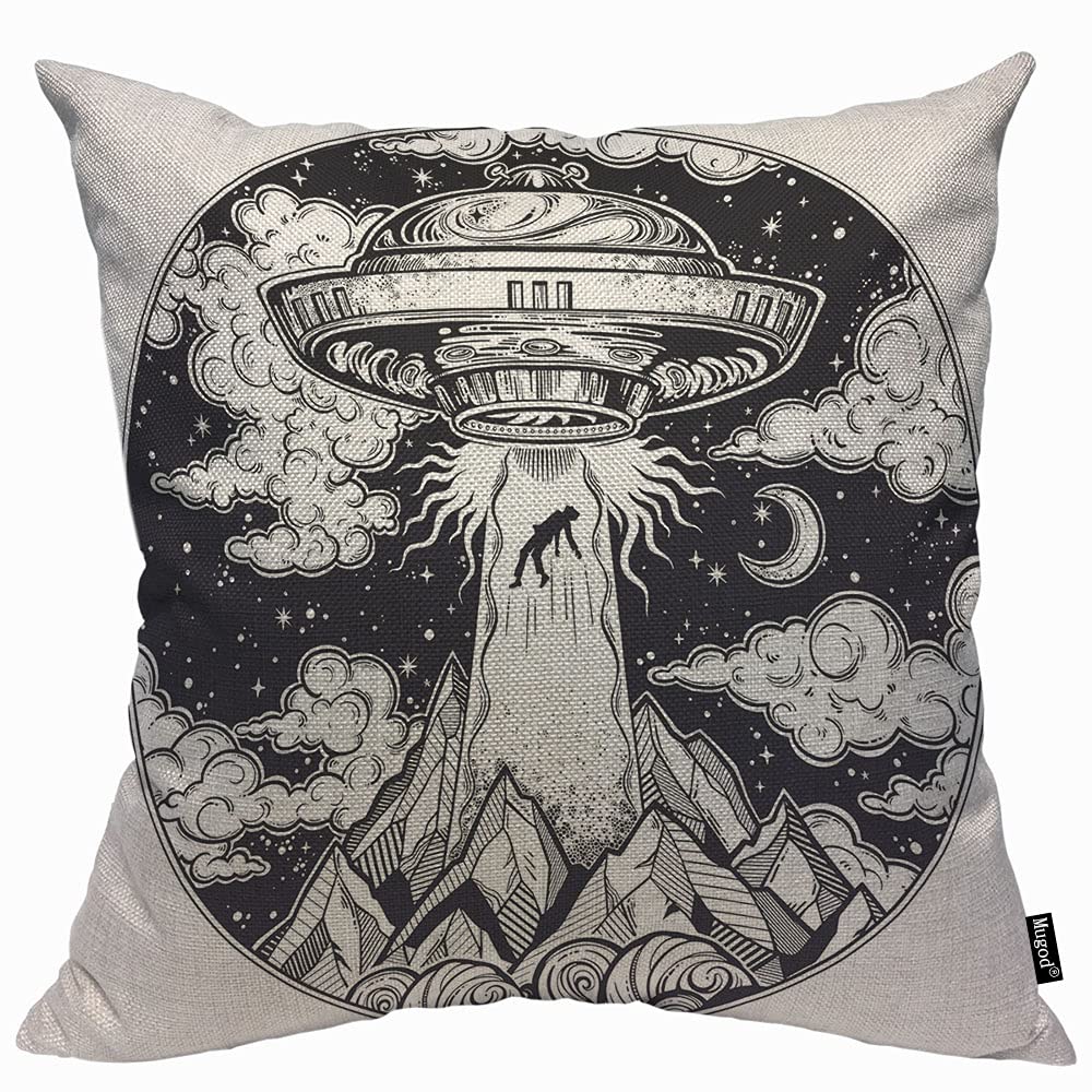 Mugod Alien Spaceship Cushion Cover Throw Pillow Covers Ufo Abduction Human with Flying Saucer Moon Mountain Black White Pillow Case for Men Women Decorative Home Sofa Chair Couch 45x45cm/18x18 Inch
