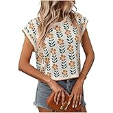 Womens Spring Trendy Crop Tops Crew Neck Cap Sleeve Cute Flower Knit Sweater Summer Trendy Vacation Pullover Tops