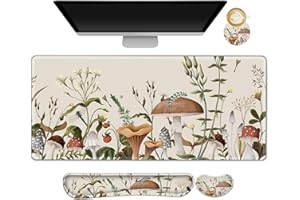 AIMSA Large Gaming Mouse Pad Set, Keyboard Wrist Rest Support+ Extended Mousepad+ Mouse Wrist Cushion+Coaster, Ergonomic Multifunctional Desk Mat 35x15.7in, Mushroom Plant Garden