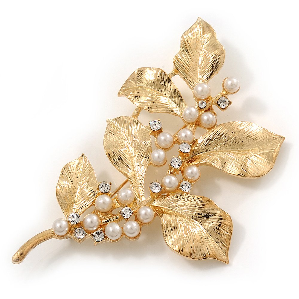 Gold Plated Crystal Simulated Pearl Floral Brooch/Pendant
