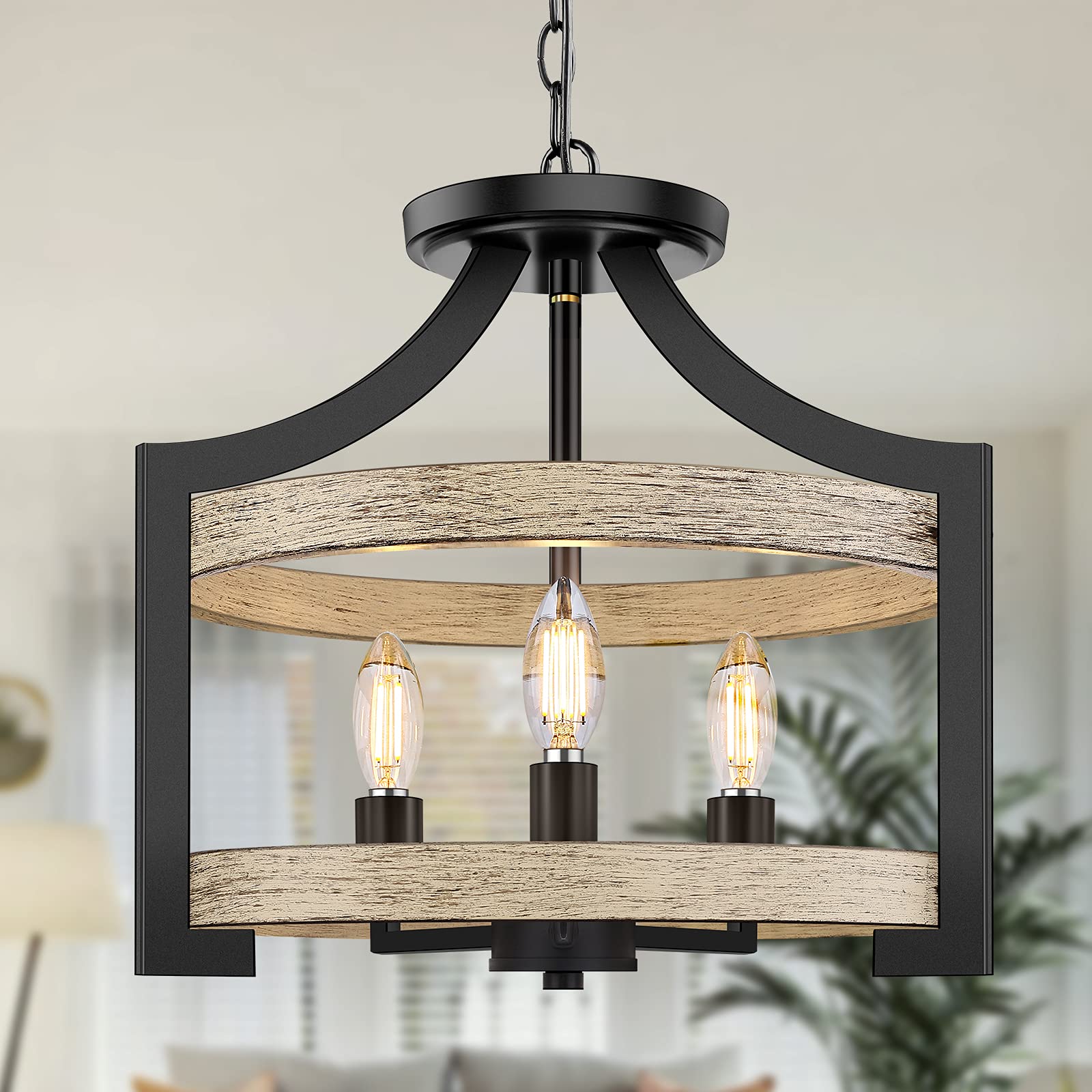 Photo 1 of 3-Light Rustic Farmhouse Pendant Hanging Light Adjustable Height Max 68in, 14.5” Convertible Vintage Semi Flush Mount Ceiling Light Fixture Black Metal Chandelier Wood Finish Kitchen Dining Room