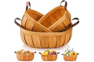 Goaste 3 Pack Wooden Bread Baskets, 13.3/10.8/9.3 Inch Wood Chip Picnic Basket with Handles, Handmade Woven Harvest Basket Ho