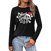 Christmas T-Shirt for Women Long Sleeve Round Neck Xmas Holiday Shirts Casual Basic Tunic Tops