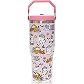 30oz Halloween Tumbler with Handle and Straw, Pink Ghost Insulated Tumbler, Leak Proof Travel Coffee Mug, Reusable Stainless Steel Ghost Tumbler, Halloween Gifts for Women (pink white)