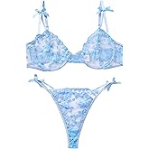 AnloveKiss Sexy Underwire Cute Push Up Strappy Embroidered Mesh Sheer Lingerie Set See Through Panty Bra