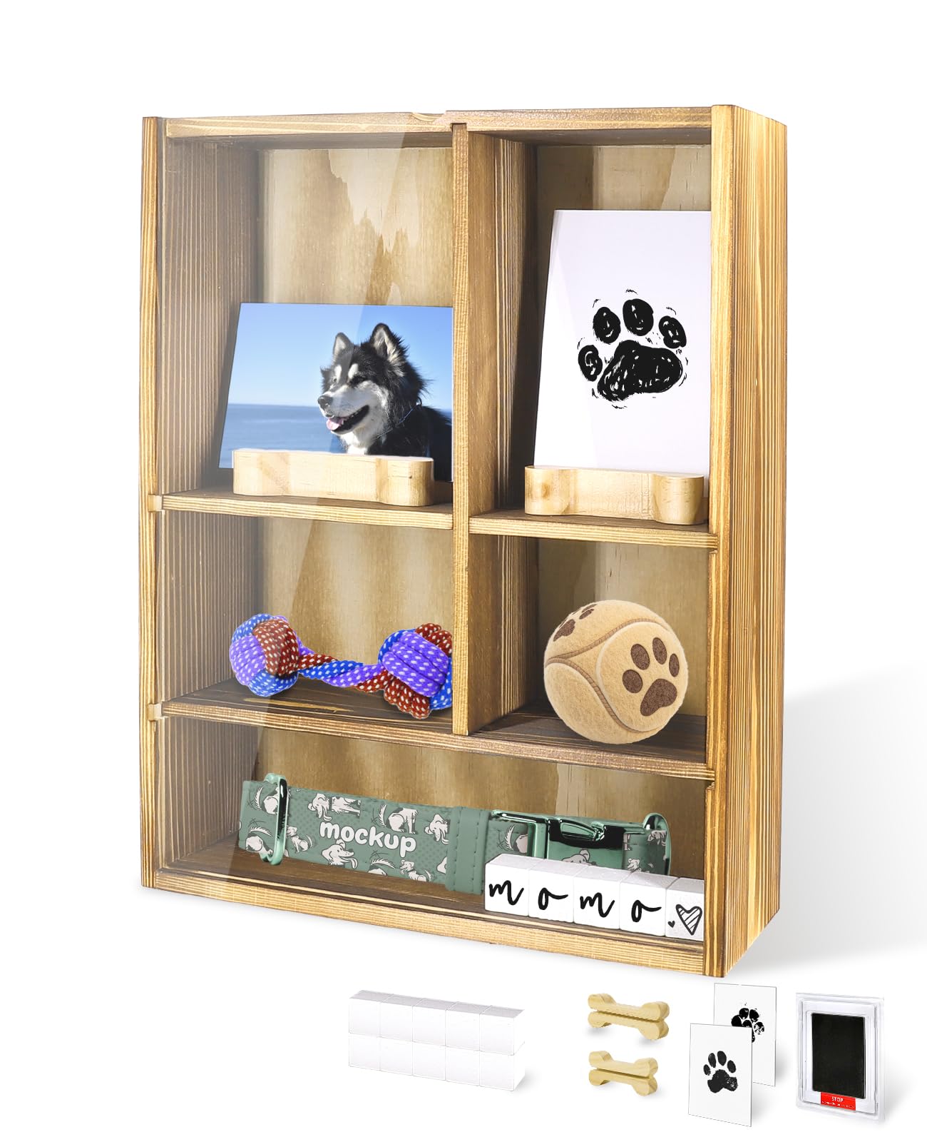 Photo 1 of Pulchrum Multi Grid Pet Memorial Shadow Box (11x14) for Dogs or Cats, Wooden Frame with Removable Layer Board, Photo Slot, Ink Pad Print Kit. Display Urns, Toys, Photos & Paw Prints, Pet Keepsakes