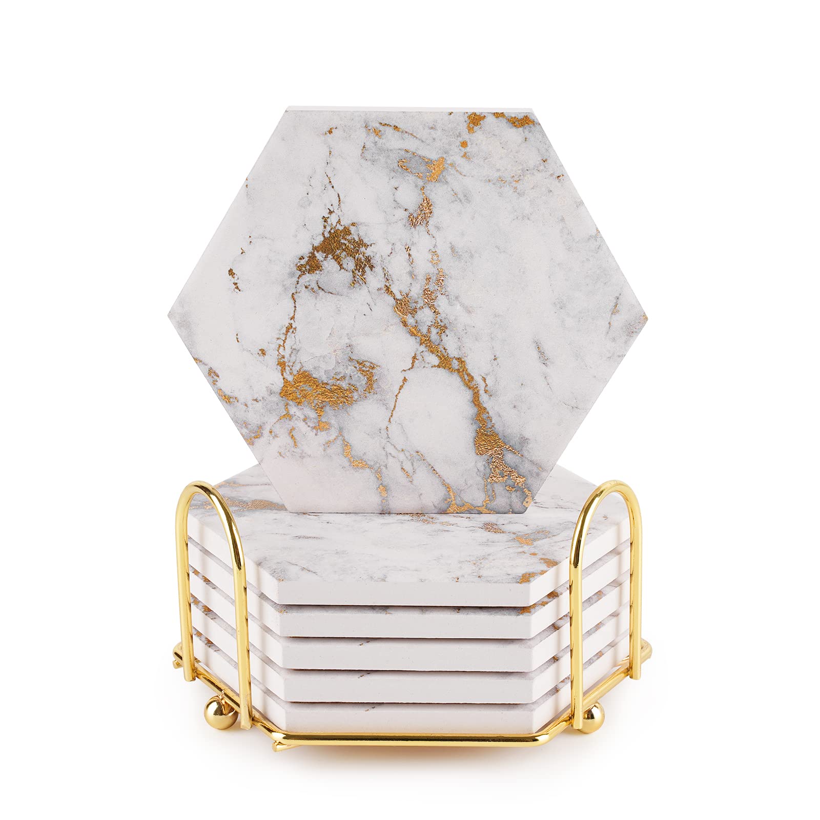 Marble Coasters for Drinks Absorbent with Cork Base,Drink Coasters Set of 6 for Table,Ceramic Coaster with Holder,Home Decor Coffee Cup Beverage Wine Beer Bar Coaster (Gold03) — image 1