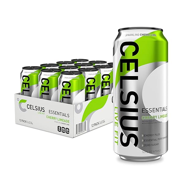 CELSIUS ESSENTIALS, SPARKLING CHERRY LIMEADE, PERFORMANCE ENERGY DRINK 16 FL OZ (PACK OF 12)