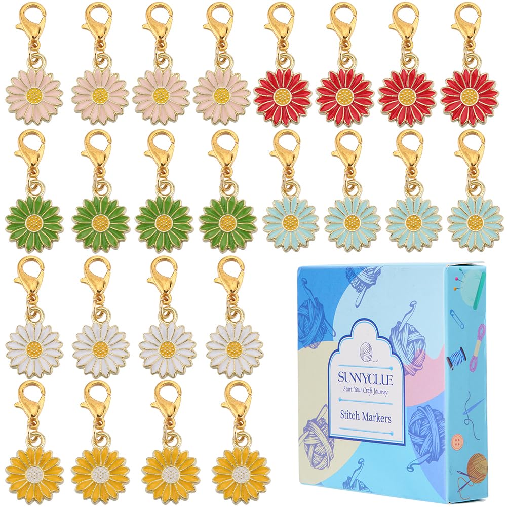 SUNNYCLUE 1 Box 24Pcs Sunflower Stitch Marker Plant Crochet Markers Bulk Enamel Small Daisy Flower Cute Metal Knit Stitch Markers for Crocheting Knitting Sewing Weaving Quilting jewellery Making DIY