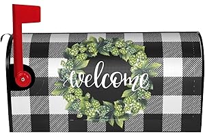 FATTTYCY Black White Buffalo Plaid Summer Mailbox Covers Magnetic Large Size 25.5" X 21" Hops Wreath Welcome Summer Mailbox Cover Decorations Wrap