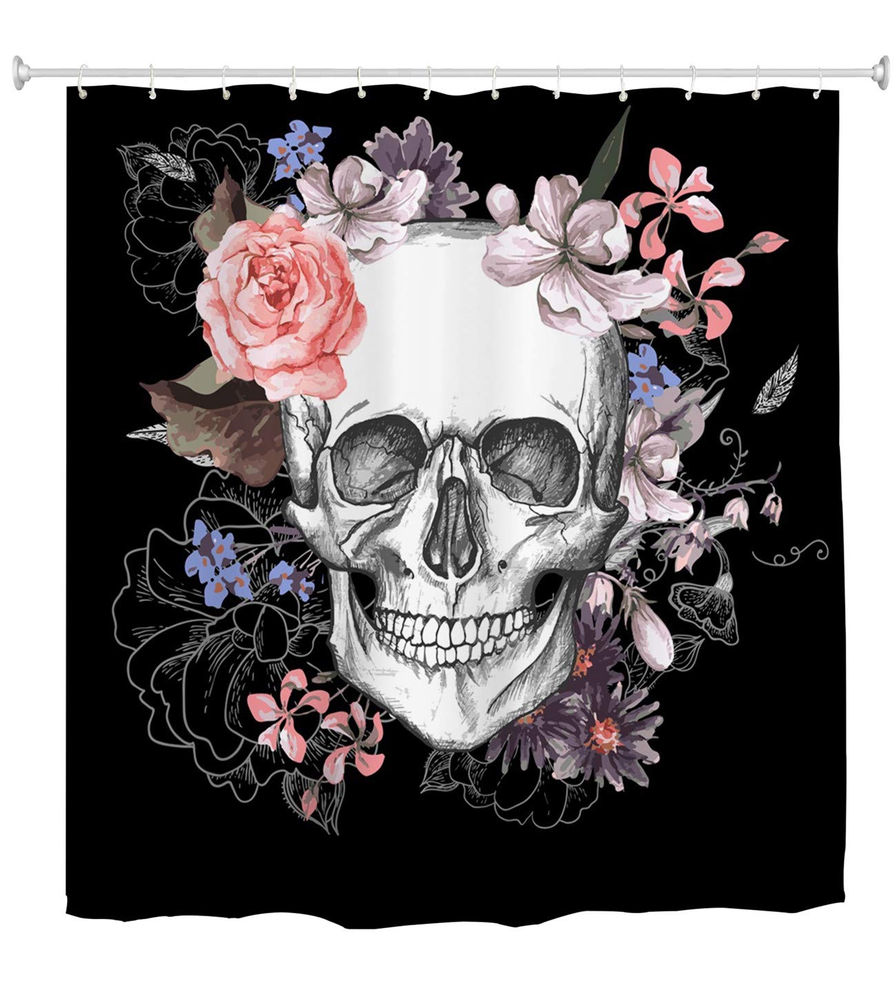 goodbath Surgar Skull Bathroom Shower Curtain, Flowers Rose Skeleton Halloween Shower Curtains Set 12 Hooks Waterproof Bath Curtain, 180x180cm