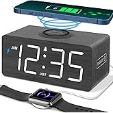 DreamSky Wooden Digital Alarm Clock with Wireless Charging for Bedroom, Bedside Nightstand Clock with Charger Station, USB Po