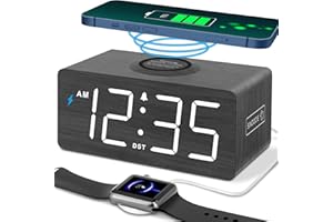 DreamSky Wooden Digital Alarm Clock with Wireless Charging for Bedroom, Bedside Nightstand Clock with Charger Station, USB Port, Large Numbers, Adjustable Volume, Brightness Dimmer, DST