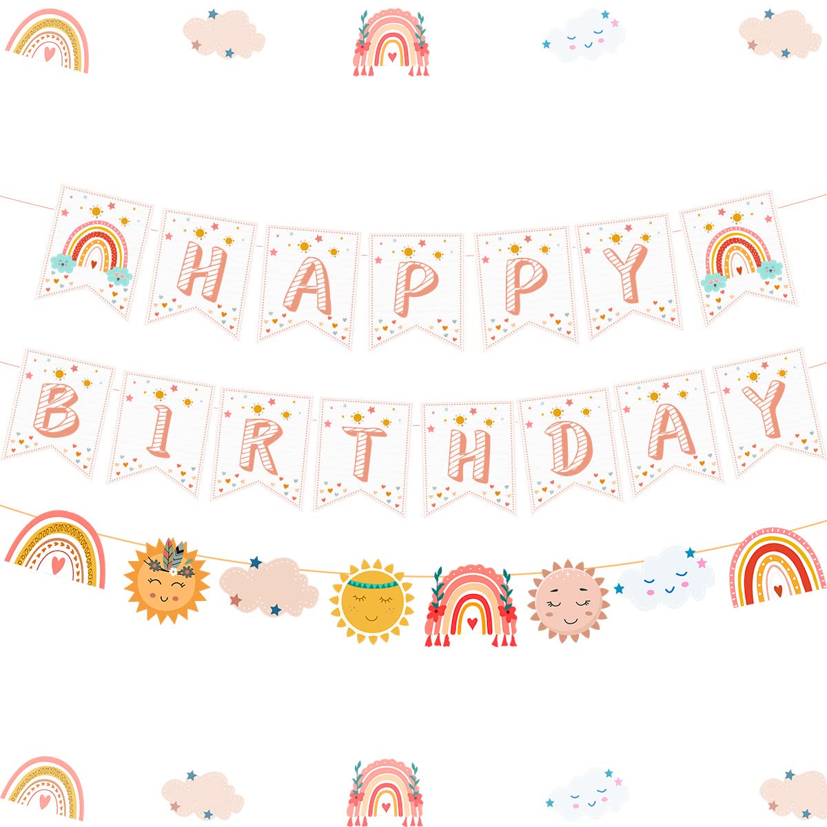 Fangleland Boho Rainbow Happy Birthday Banner Bohemian Sun Cloud Garland for Girls Boho 1st 2nd 3rd Birthday Party Decorations