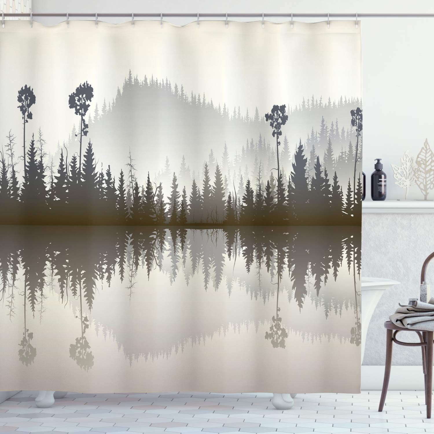 ABAKUHAUS Forest Shower Curtain, Misty Northern Nature Jungle with Hills and River at Dusk Water Reflection, Cloth Fabric Bathroom Decor Set with Hooks, 175 x 200 cm, Cream Grey Brown