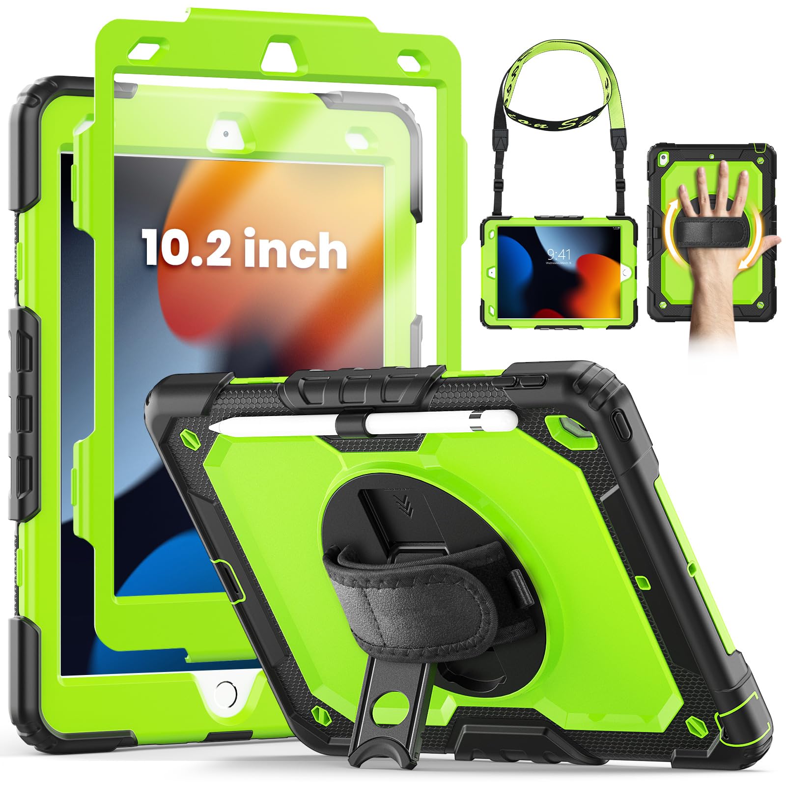 SEYMCY for iPad 9th/8th/7th Generation Case 10.2 inch, Shockproof Sturdy Cover with 360° Rotating Hand Strap & Stand, Screen Protector, Shoulder Strap, Pen Holder for iPad 9/8/7 gen 2021~2019, Green