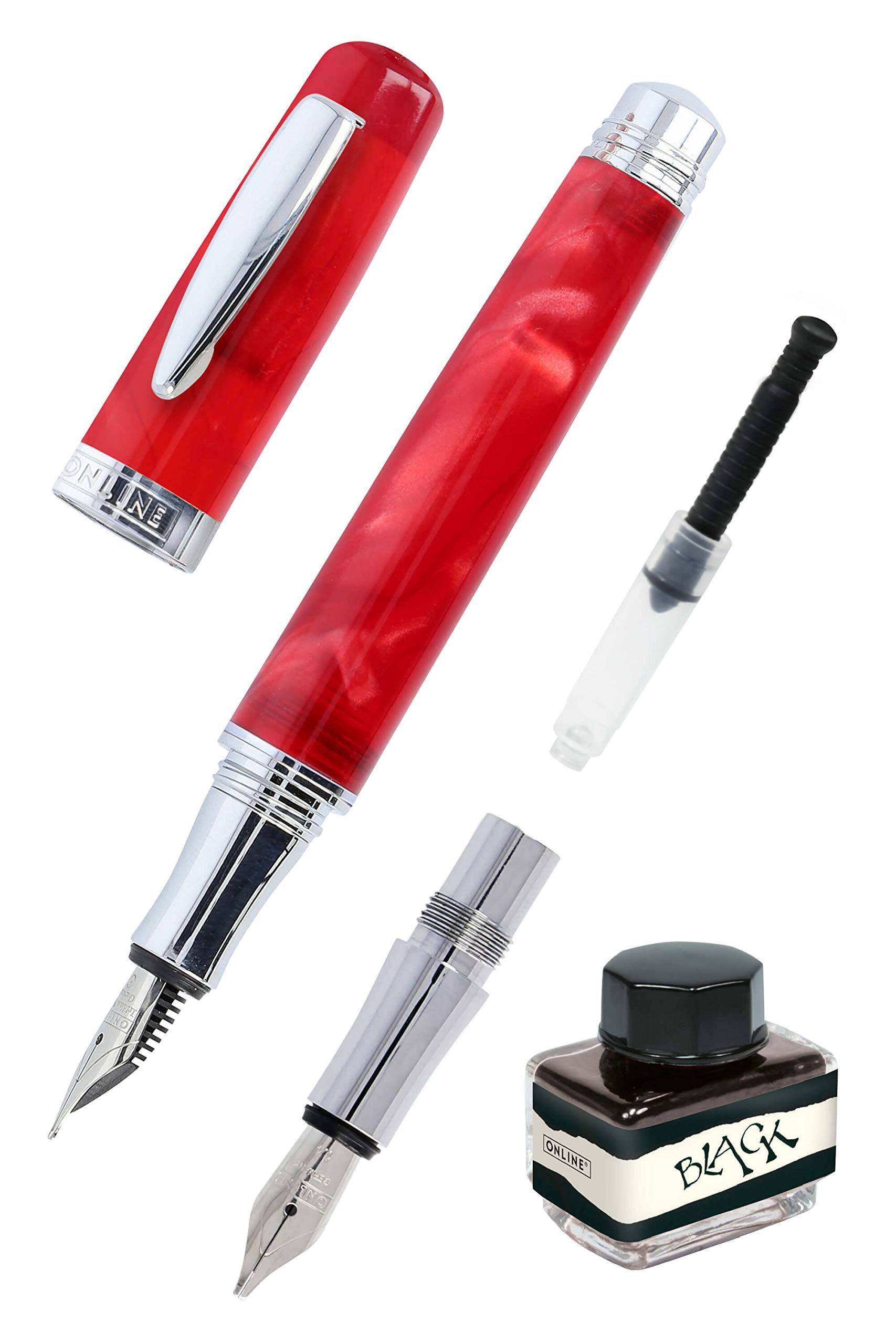 Online Calligraphy Set Bohemian Art Red I Resin and Acrylic Fountain Pen I Interchangeable Calligraphy Nibs M (Medium) & 1.4 mm I Includes Ink Converter and Ink Bottle Black I in Gift Box