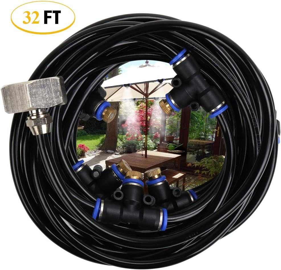 Flantor Outdoor Misters Misting Cooling System - Portable Misting Kit with Misting Line + 10 Brass Mist Nozzle for Outdoor Patio Garden Home Irrigation Trampoline Patio Fan Misting (32 ft)