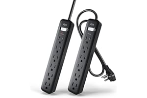 KMC 6-Outlet Power Strip, 2-Pack, Black Power Strips, 2ft Short Extension Cord with Multiple Outlets, 6 AC Power Outlet Strip, Flat Plug Powerstrip, 2pk, Black