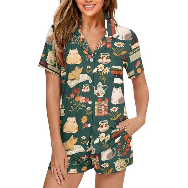 Animepark Women’s Short Sleeve Pajama Set – Button-Down Top & Shorts With Pockets, Comfy Lounge Wear